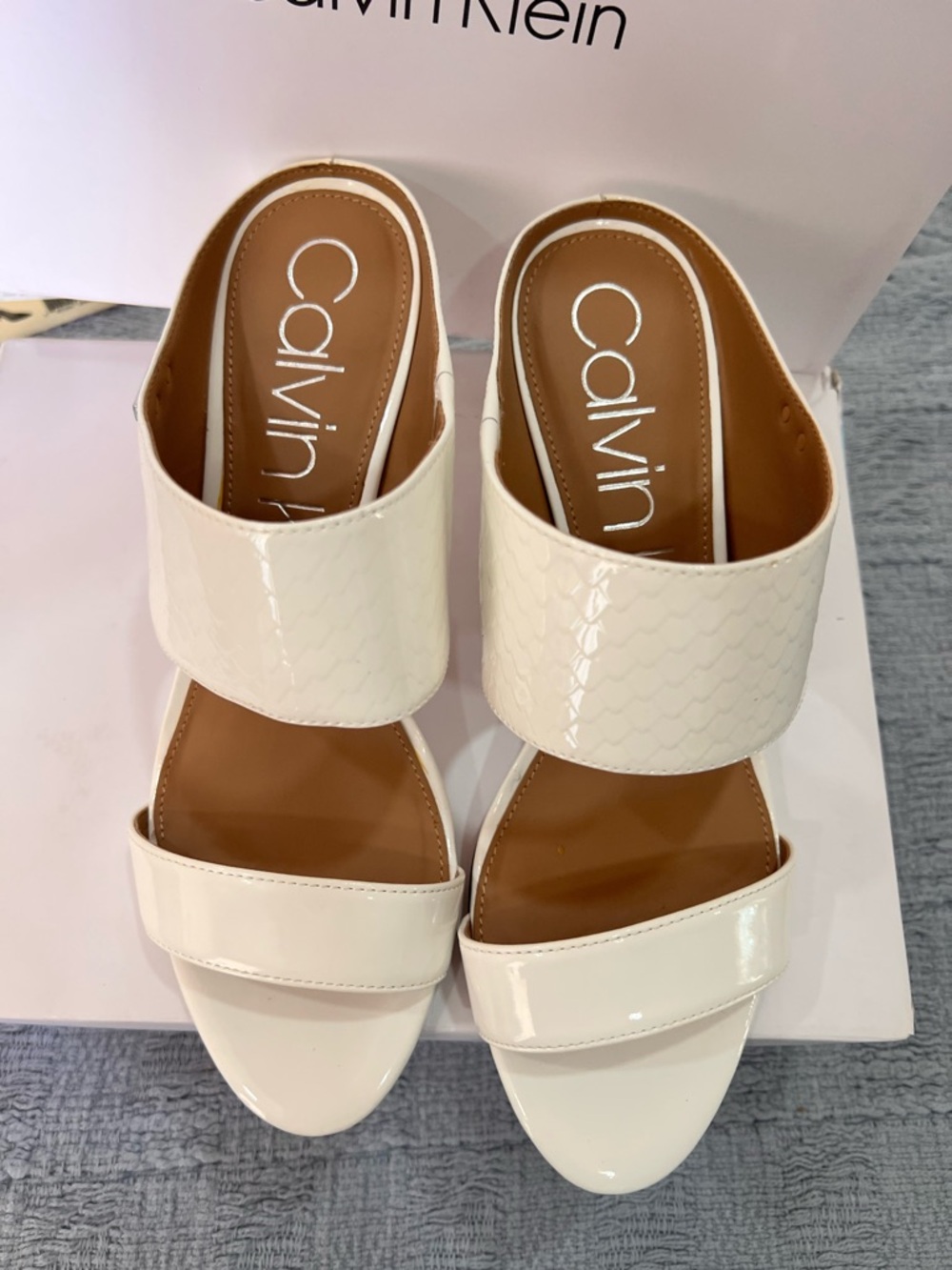 Calvin Klein White Patent Two-Band Open-Toe Mule Heels